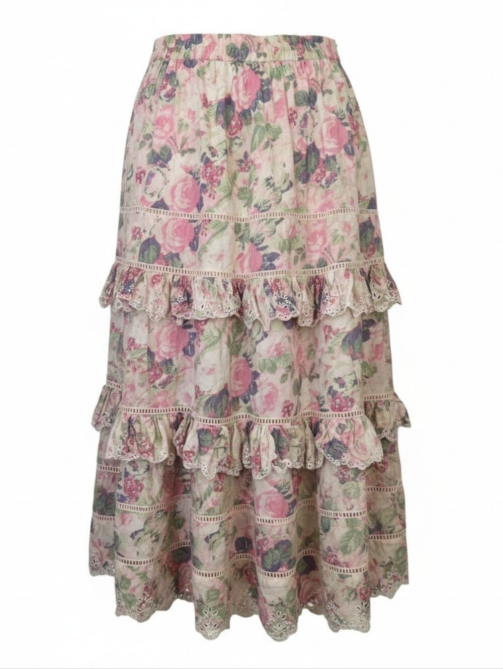 Love Shack Fancy Floral Tiered Ruffle Maxi Skirt - Pink Floral